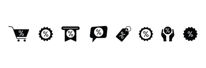 Set of Discount percentage tag icon. Shopping tag, cart, coupon, label, sticker, badge, speech bubble with percentage symbol. vector Illustration.