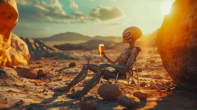 An alien humanoid enjoys a beverage while sitting in a chair amidst a rocky desert landscape. The sun sets behind large boulders, casting a warm glow