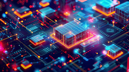 Obraz premium High-tech illustration of edge computing featuring real-time data processing and network connectivity with glowing tech symbols