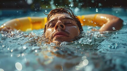 The person swims in a pool, producing splashes as they move with a bright orange rescue ring in the vicinity. The photo emphasizes the dynamic use of aquatic space.