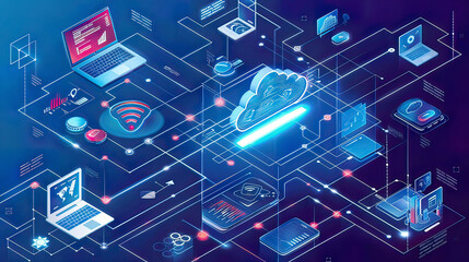Fototapeta premium Modern graphic depicting cloud technology and IoT with connected devices such as laptop tablet phone and smart home devices linked to a data center via the Internet 
