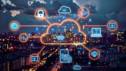 Obraz premium Modern graphic depicting cloud technology and IoT with connected devices such as laptop tablet phone and smart home devices linked to a data center via the Internet 