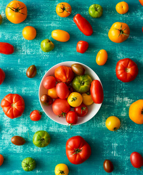 Assortment of summer crop tomatoes on a teal background.