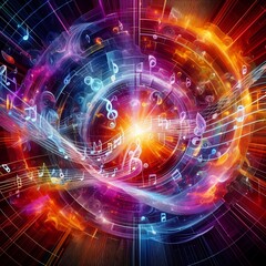 Obraz premium diversity of fractal realms, MUSICAL ELEMENTS, on black background, musical theme background, created with Generative A.i