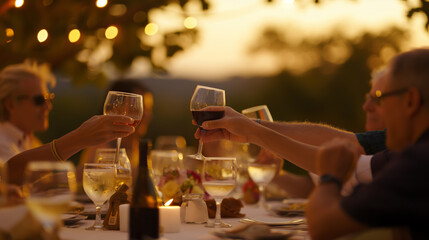 Group of people clinking glasses over an elegant dinner table set outdoors during twilight hours.