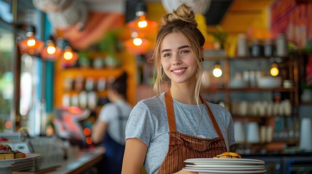 A smiling waitress carrying plates, standing in a vibrant and colorful café, capturing a busy yet pleasant moment in the bustling environment.