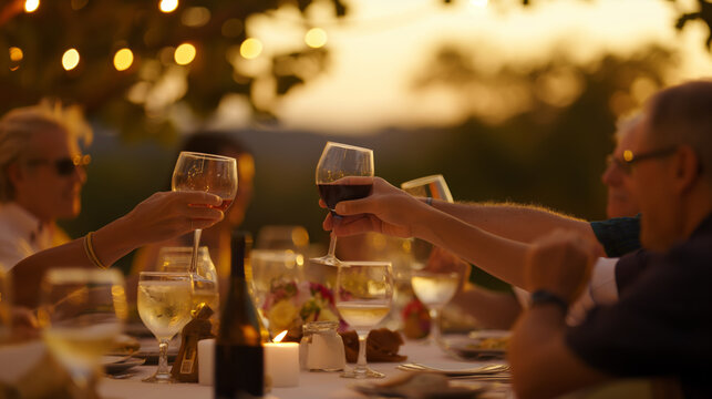 Group of people clinking glasses over an elegant dinner table set outdoors during twilight hours.