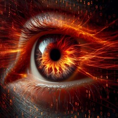 Fiery Gaze: intimate portrait of a human eye. / Seen from profile, a mesh of binary numbers crosses the image / Extreme quality, very high definition of details, generated with artificial intelligence
