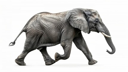 Obraz premium Realistic AI-generated image of a walking elephant on a white background. Wildlife photography style, perfect for educational and artistic purposes. Highly detailed, life-like depiction. AI