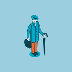 isometric vector man in a hat and coat with an umbrella and a briefcase linear icon, in color on a blue background, society or people