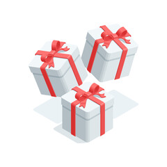 isometric vector concept of boxes with red ribbon and bow, in color on white background, surprise or holiday gift