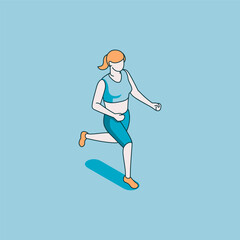 isometric vector woman jogging linear icon, in color on a blue background, sport and leisure or healthy lifestyle