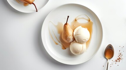 Gourmet dessert with poached pear and vanilla ice cream served in a modern and minimalistic style. Delectable food presentation on a white plate. 