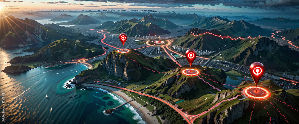 Wall mural connected waymarks or highlighted points, show the way to the desired destination on a route on a ma