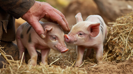 Farmer's hands gently petting two affectionate piglets on the hay-covered ground of the pen.
