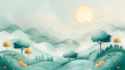 Fototapeta premium Serene landscape with sun and trees. Concept of peace and tranquility, Earth Day