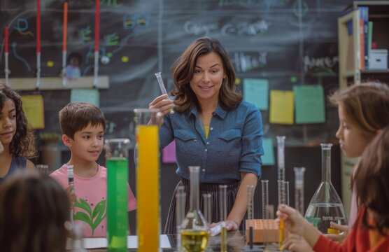 Happy teacher and students conducting a science experiment in a classroom