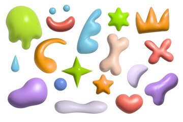 A collection of vector 3D plastic shapes . 3D set includes star, heart, crown, bone, shapeless elements