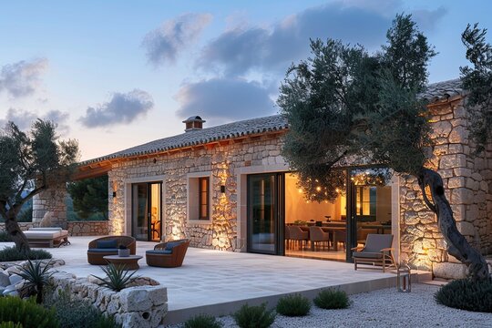 exterior design of an old stone house in mallorca, traditional mediterranean style with modern furniture and lighting, garden terrace