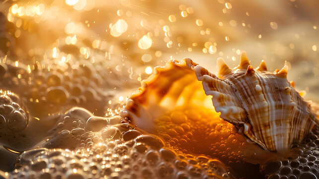 A shell is laying on the sand, with the sun shining on it