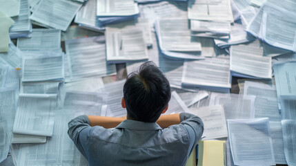 Researcher reviewing trial documents, detailed paperwork spread out, right third copy space