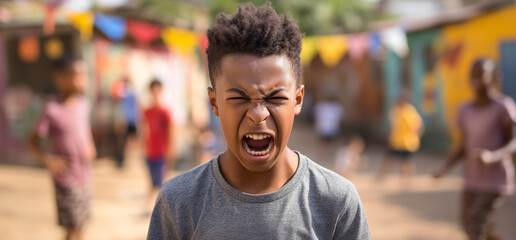 Obraz premium A portrait of a young boy yelling in frustration against a backdrop of blurred figures in a vibrant, outdoor setting
