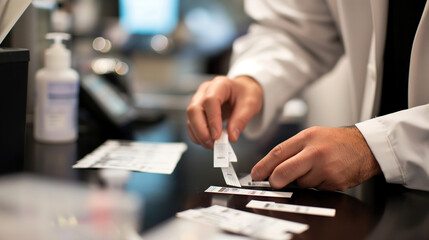Researcher preparing labels for a double-blind study, methodical and precise environment, left third copy space