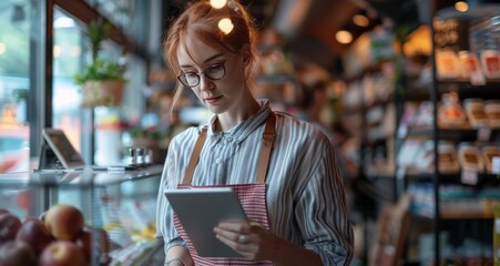 Woman in apron using tablet in a cozy bakery or cafe with fresh produce and baked goods