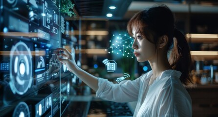 Woman in a modern kitchen interacting with futuristic virtual reality interface