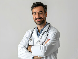male or female doctor portrait, Healthcare, medical staff concept. Portrait of smiling male or female doctor posing with folded arms plain background, Professional general practitioner.
