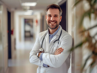 Fototapeta premium male or female doctor portrait, Healthcare, medical staff concept. Portrait of smiling male or female doctor posing with folded arms plain background, Professional general practitioner.