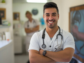 male or female doctor portrait, Healthcare, medical staff concept. Portrait of smiling male or female doctor posing with folded arms plain background, Professional general practitioner.