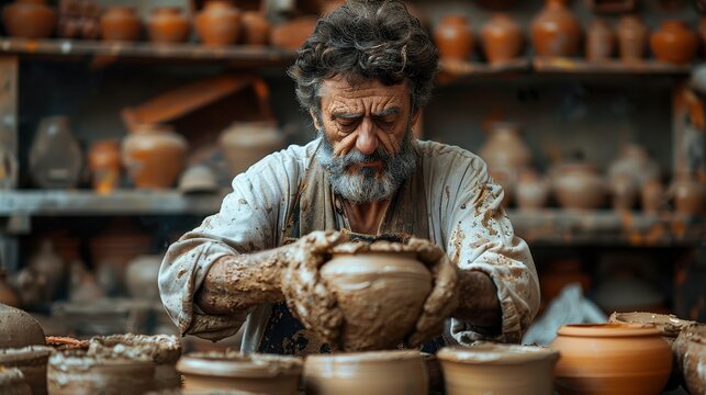 A dedicated potter crafting a ceramic pot with clay in a workshop setting, surrounded by various handcrafted items, highlighting the art and tradition of pottery making.