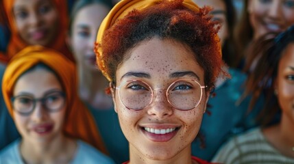 Fototapeta premium A smiling woman with glasses stands out in a group of diverse individuals. She exudes happiness and confidence, revealing a tight-knit community spirit.