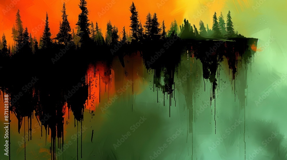 Wall mural  An abstract illustration of an enchanted forest, panoramic view, glitchy textures and colors, the background is a gradient of dark green to light mint,