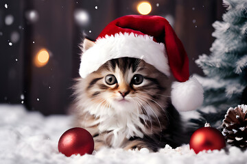Adorable Kitten Wearing Santa Hat