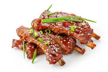 Asian style pig ears with sesame green onion and spicy sauce on white background