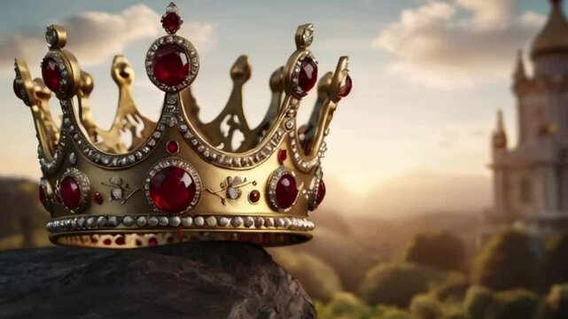 golden crown with stones with castle background
