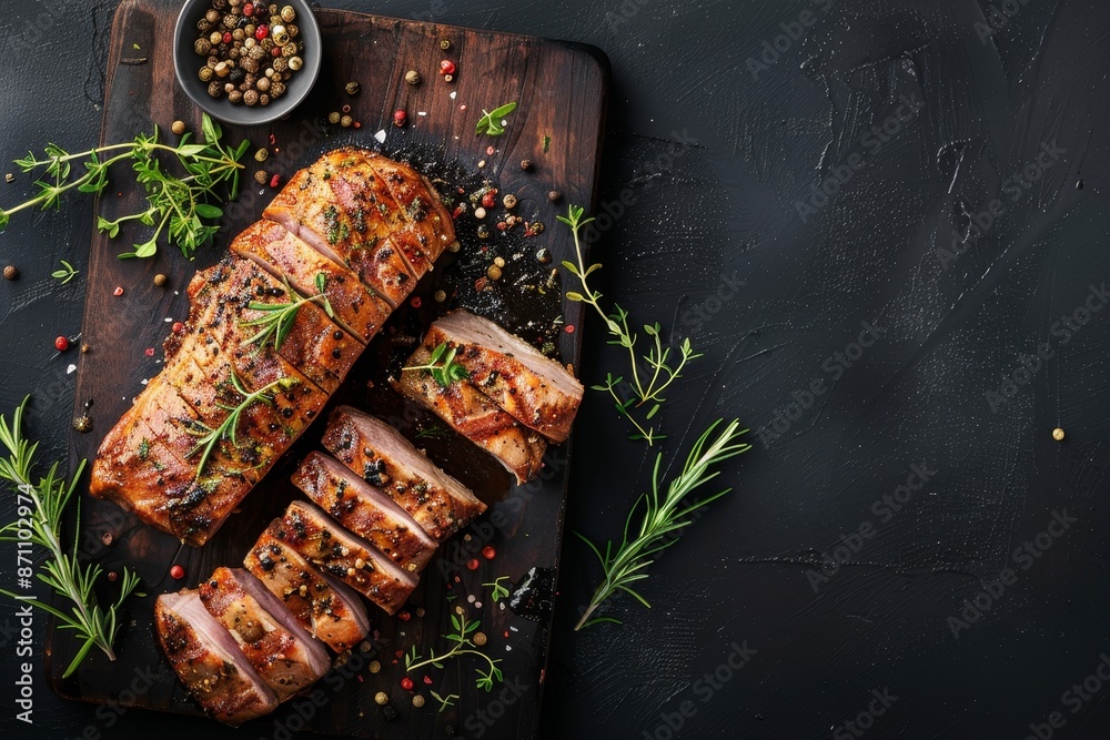 Wall mural bbq pork tenderloin on wood board with herbs black background top view