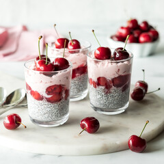 Creamy and delicious chia puddings with fresh cherries.