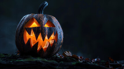 Jack-o'-Lantern with glowing eyes.  Halloween pumpkin for spooky decorations and autumn celebrations.