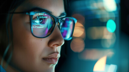 computer programming code reflecting on developer woman's glasses. Cyber security and personal data protection.  Close-up of eyes and glasses with HTML code reflected.