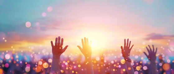 Hands raised in celebration against a vibrant sunset background with light bokeh, symbolizing joy, unity, and positive energy.