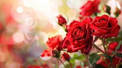 Red roses in close up view against a blurred background