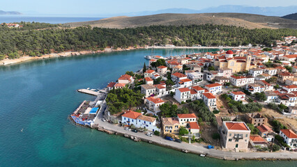 Aerial drone top down photo of famous picturesque marine village of Galaxidi, Fokida, Greece