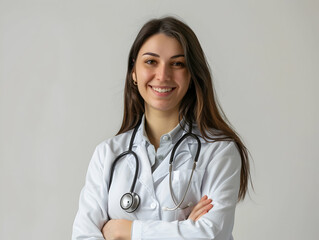 male or female doctor portrait, Healthcare, medical staff concept. Portrait of smiling male or female doctor posing with folded arms plain background, Professional general practitioner.