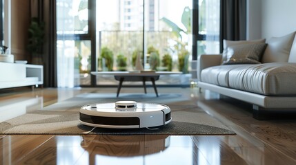 Fototapeta premium Modern robotic vacuum cleaning living room on hardwood floor, smart cleaning concept