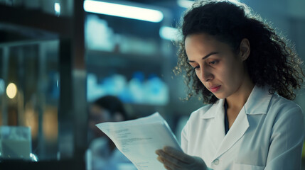 Researcher documenting an adverse event, serious and attentive expression, right third copy space