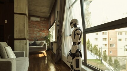 Humanoid robot gazing out a large window, modern apartment concept