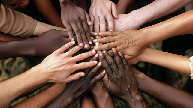 A close-up of a diverse group of hands joined together, symbolizing unity and friendship.